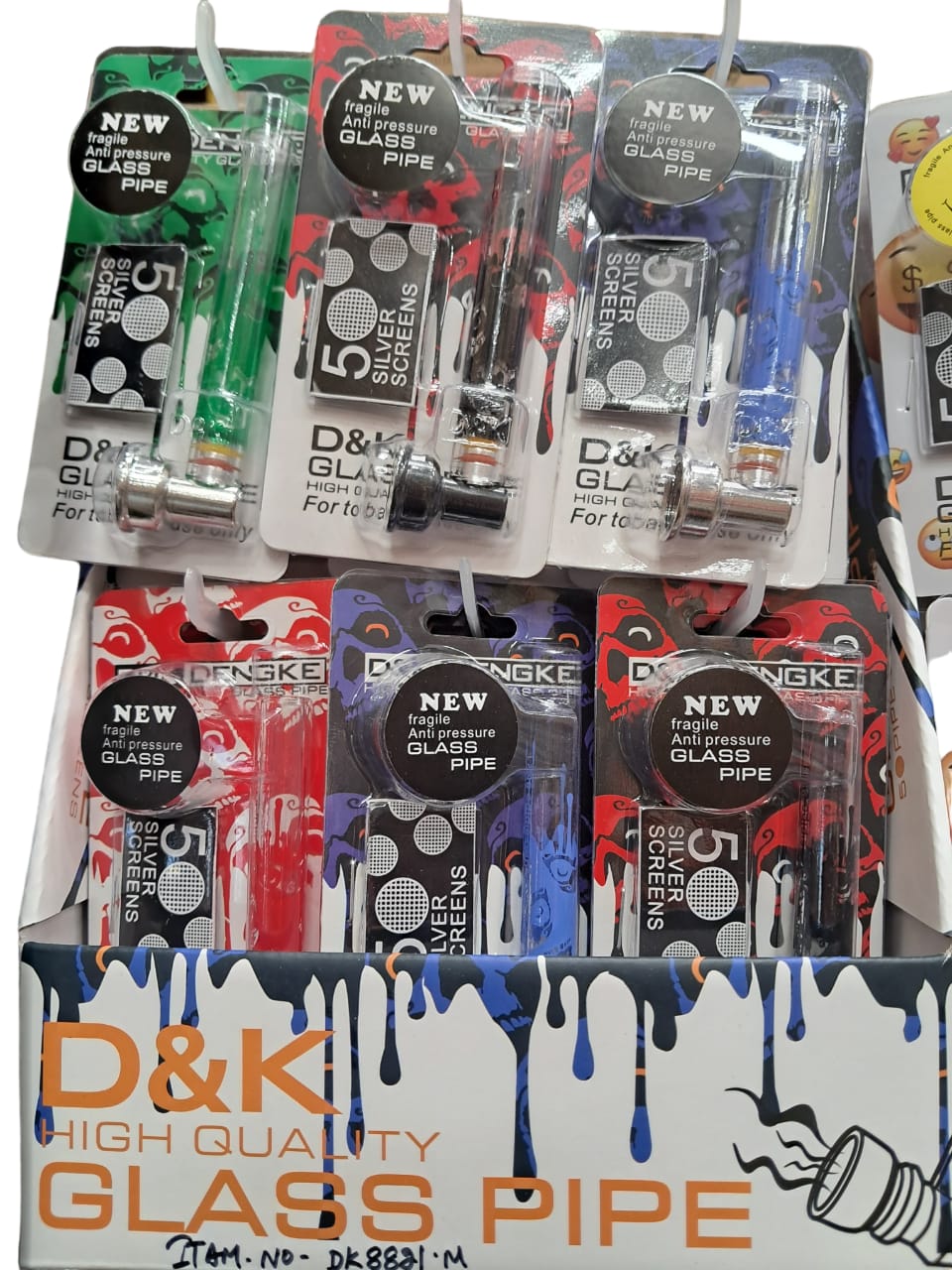 D & K DENGKE 3 INCH HIGH QUALITY GLASS TUBE AND METAL HEAD PAINTED SKULL HAND PIPE - DISPLAY OF 24 DK8821M