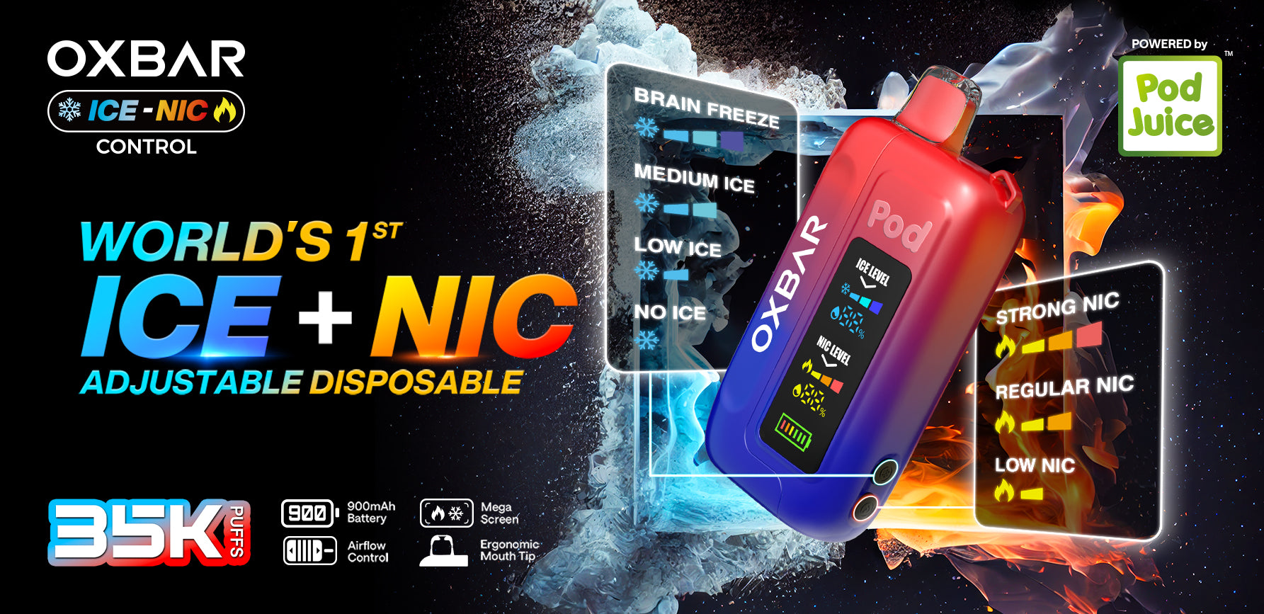 OXBAR ICE-NIC CONTROL WORLD'S 1ST ICE+NIC ADJUSTABLE 35000 PUFFS DISPOSABLE - DISPLAY OF 5