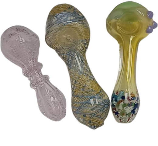 MULTICOLOR & MUTLI DESIGNED GLASS HAND PIPE (SPOON) IN 4", 5" and 5.5" HP51 ASSORTED - BOX OF 5