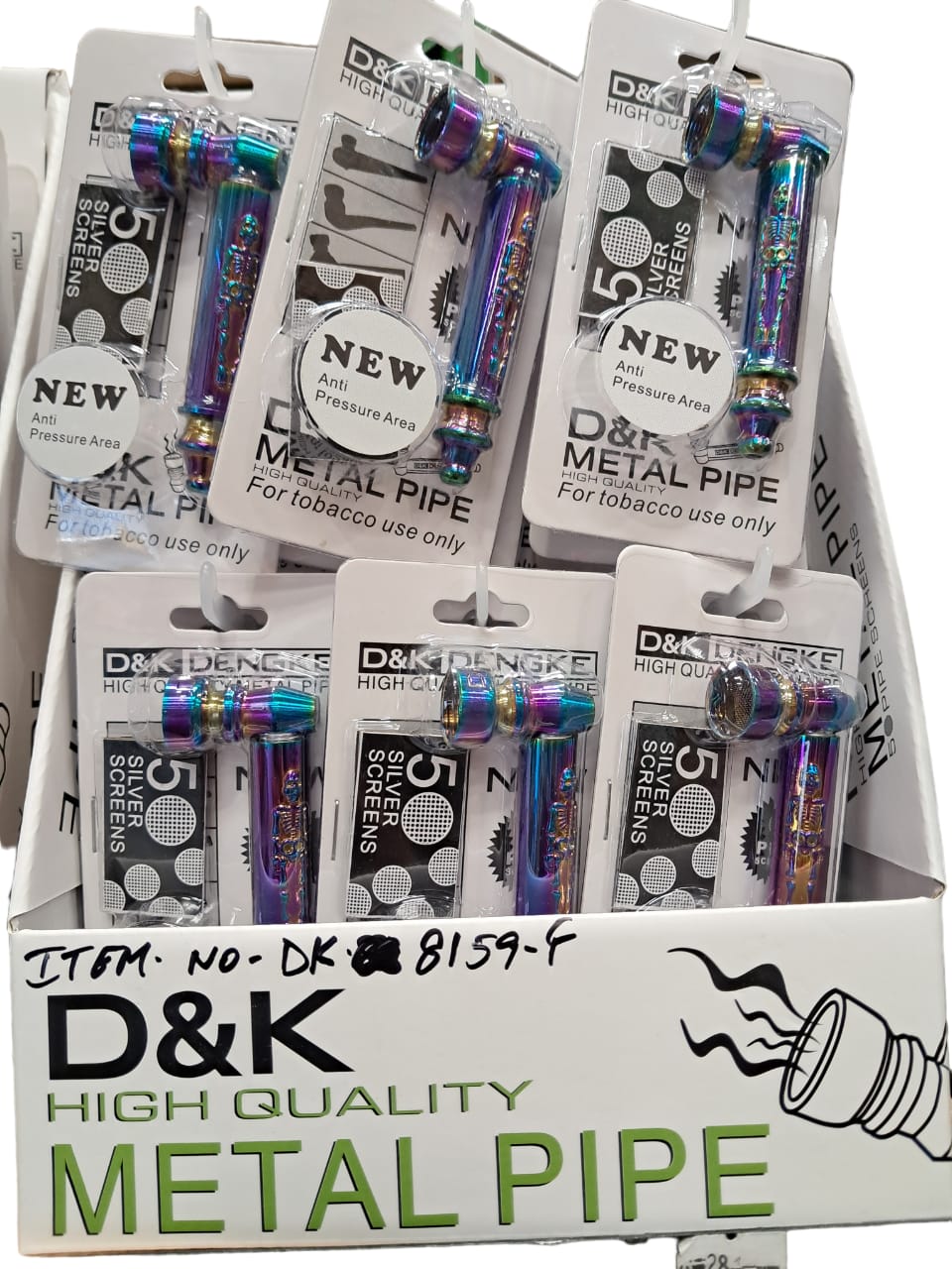 D & K DENGKE 3 INCH HIGH QUALITY METAL PIPE RAINBOW POLISHED FULL SKULL ETCHED IN BLISTER HAND PIPE - DISPLAY OF 24 DK8159F