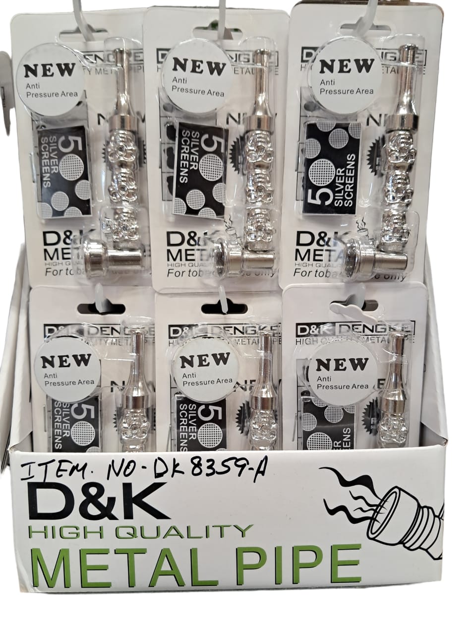 D & K DENGKE 3 INCH HIGH QUALITY SILVER WITH THREE ETCHED SKULL HAND PIPE - DISPLAY OF 24 DK8359A